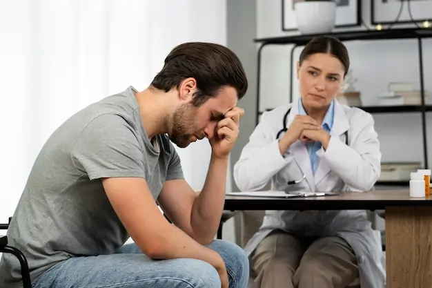 Distressed man consulting with a mental health professional in a clinical office setting for a psychological evaluation.