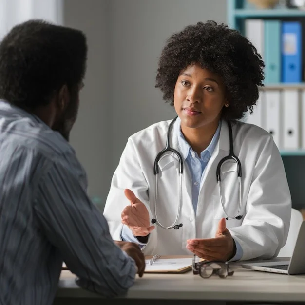 Doctor holding up a card during a one-on-one consultation with a patient in a hospital gown, seated in a private office