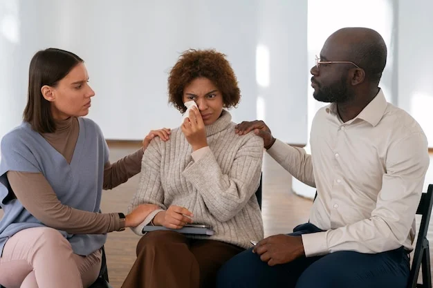 Group members offering comfort and support to a woman during a group therapy session